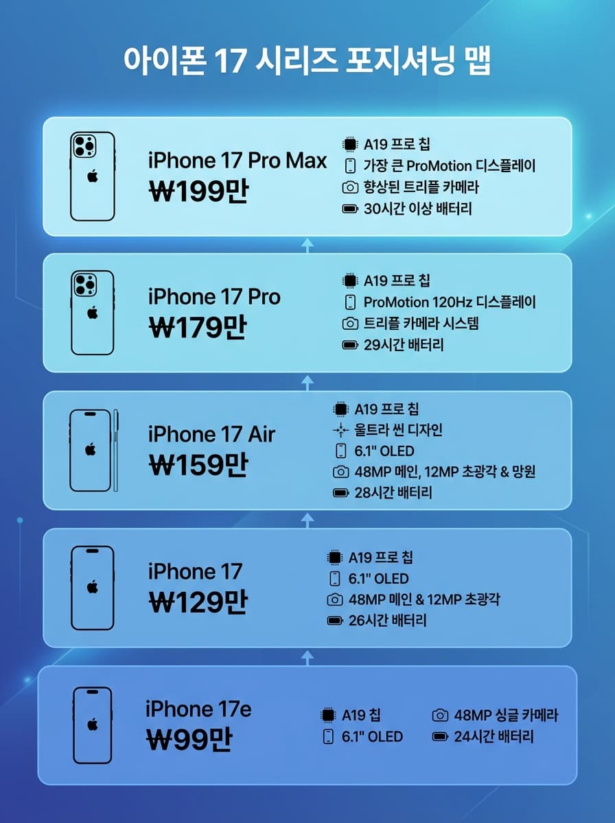 아이폰 17 시리즈 5종(17e, 17, Air, Pro, Pro Max) 포지셔닝 비교 인포그래픽 — 가격대와 핵심 스펙이 계층 구조로 표시