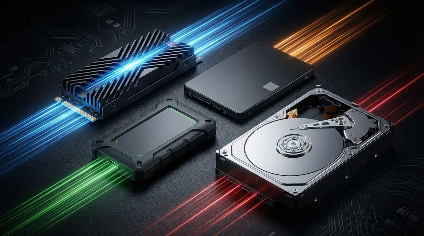 다양한 규격의 SSD와 HDD가 나란히 놓여 있는 저장장치 비교 이미지, 2.5인치 SATA SSD, M.2 NVMe SSD, 기존 HDD가 함께 보인다