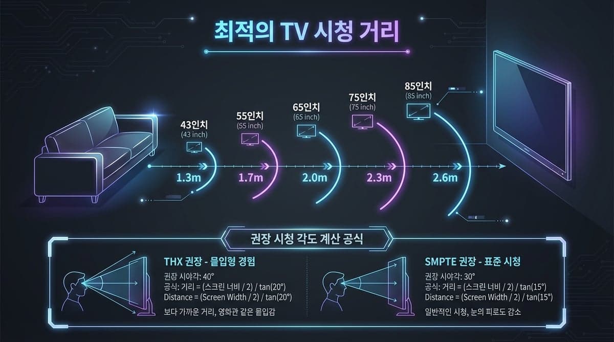 TV 시청거리별 적정 화면 크기를 안내하는 인포그래픽, FHD 4K 8K 해상도별 권장 거리와 인치 수를 시각적으로 정리