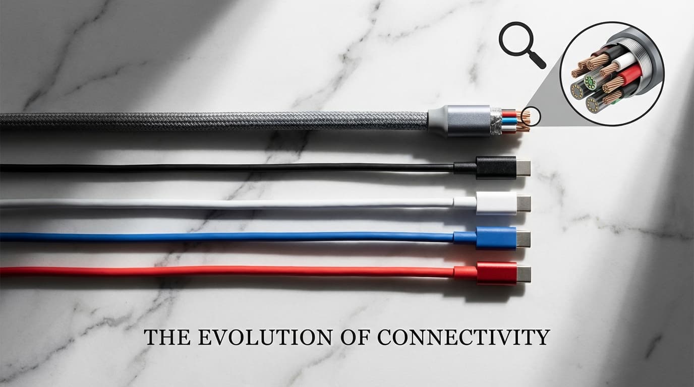 다양한 두께와 색상의 USB-C 케이블 5개가 흰색 대리석 표면 위에 나란히 놓여 있고, 한 케이블 끝이 확대되어 내부 핀 구조와 배선 복잡성을 보여준다.